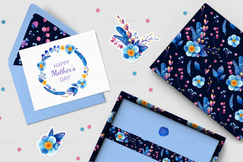 Blue flowers and berries watercolor clipart, floral seamless patterns, wreaths, frames PNG. Botanical clip art