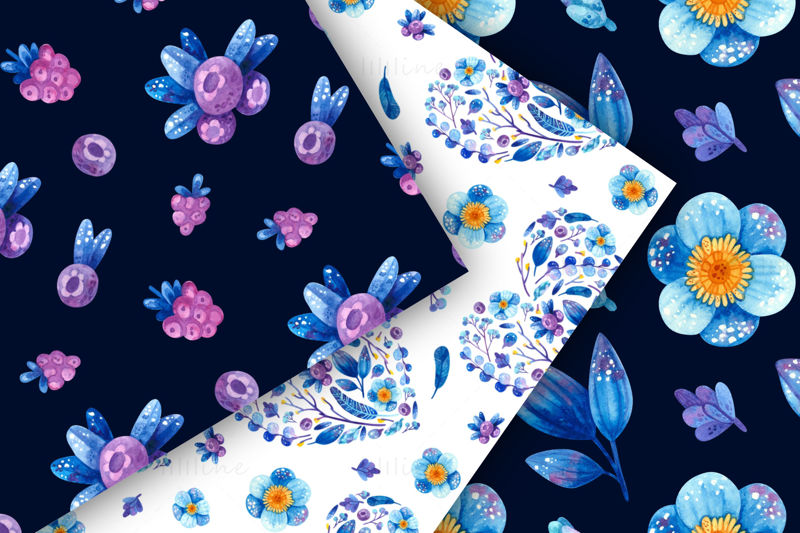 Kék virágok és bogyók akvarell clipart, varrat nélküli virágminták, koszorúk, keretek PNG. Botanikai clip art