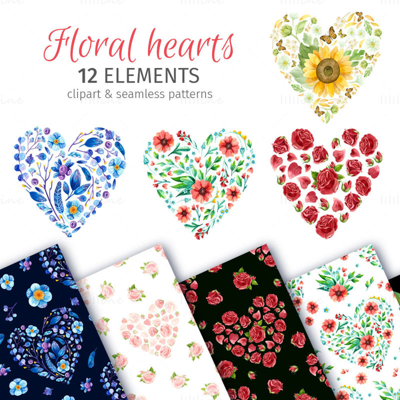 Akvarell virágos szívek PNG clipart és varrat nélküli minták. Romantikus botanikai clip art virágokkal