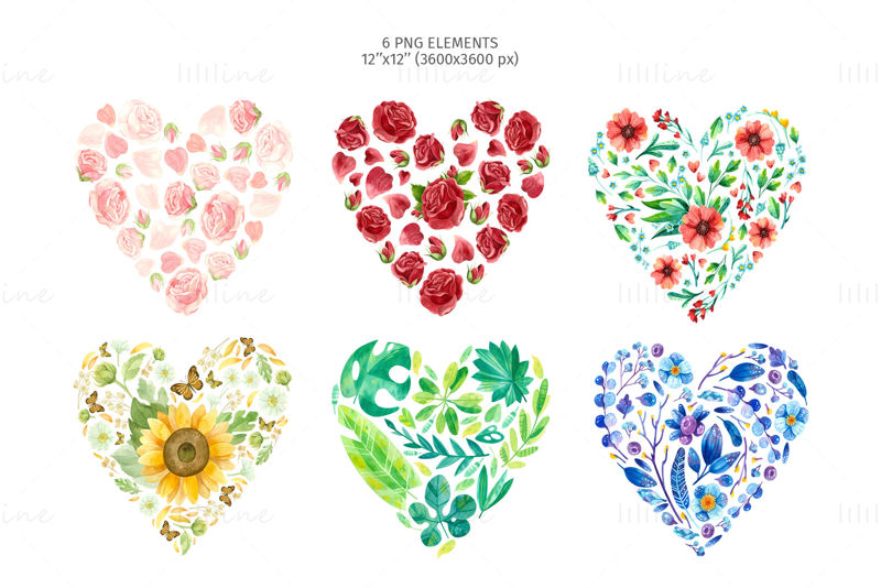 Akvarell virágos szívek PNG clipart és varrat nélküli minták. Romantikus botanikai clip art virágokkal