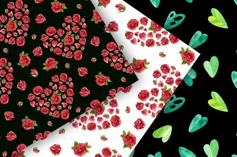 Aquarel bloemenharten PNG clipart en naadloze patronen. Romantische botanische illustraties met bloemen