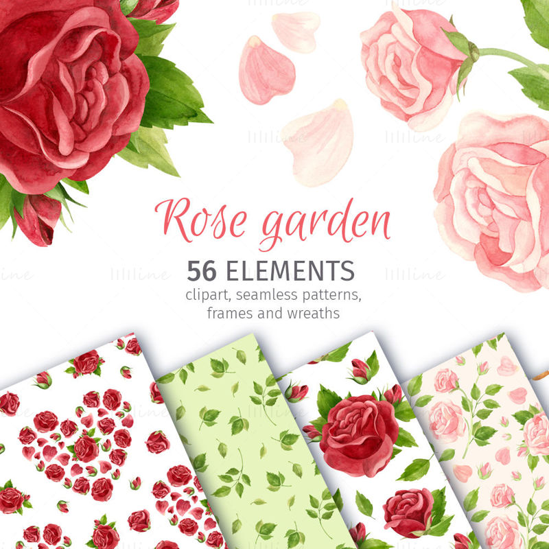 Watercolor pink and red roses - clipart, botanical seamless patterns, floral wreaths, hearts and gold frames. Flowers clip art
