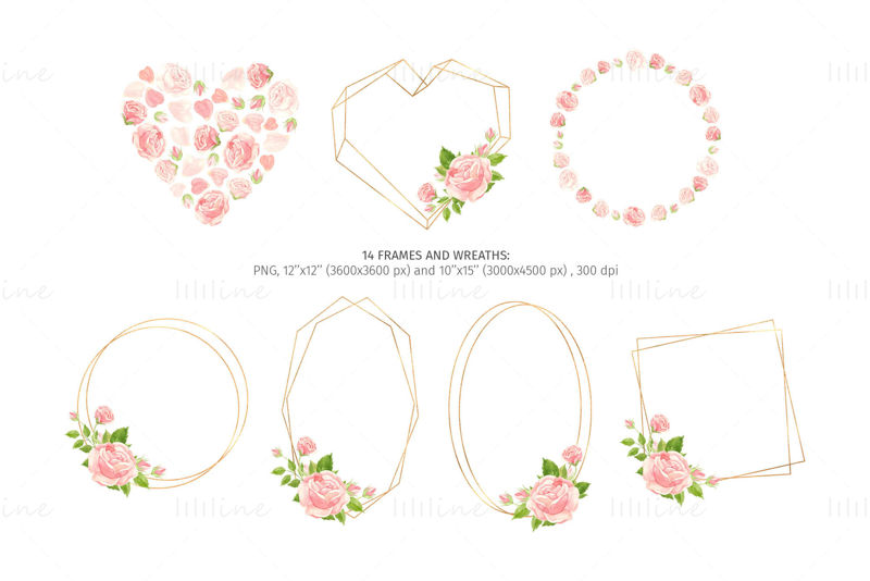 Watercolor pink and red roses - clipart, botanical seamless patterns, floral wreaths, hearts and gold frames. Flowers clip art