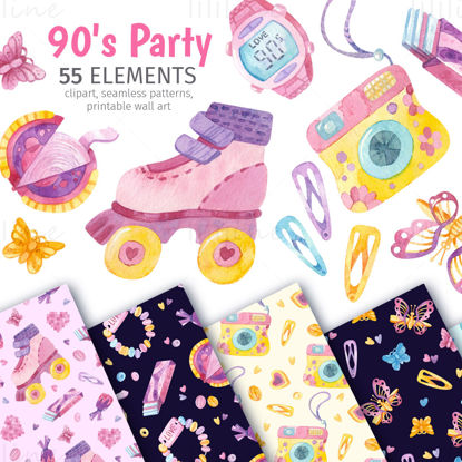 90s - Watercolor clipart, seamless patterns & printable wall art for Nostalgia party decorations - Retro invitations, Childish backdrop, Favors, Girlish printable birthday card and Posters.