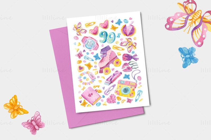 90s - Watercolor clipart, seamless patterns & printable wall art for Nostalgia party decorations - Retro invitations, Childish backdrop, Favors, Girlish printable birthday card and Posters.