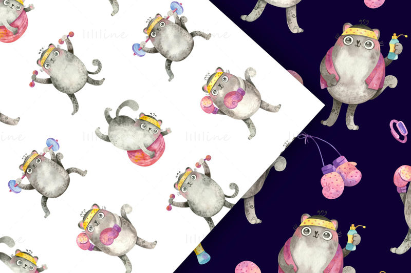 Fitness & Yoga Cats. Sports watercolor clipart and seamless patterns with cute kittens in gym. Illustrations for fabric, posters, trackers and more.