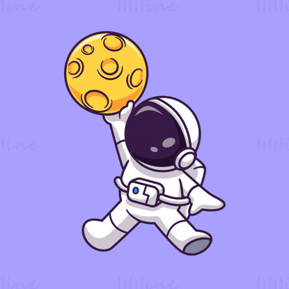 Astronauta de dibujos animados y vector de luna
