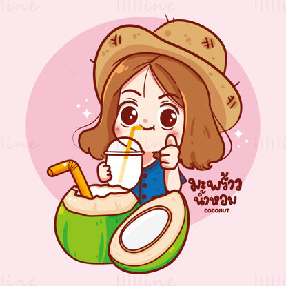 Cartoon girl drinking coconut illustration vector