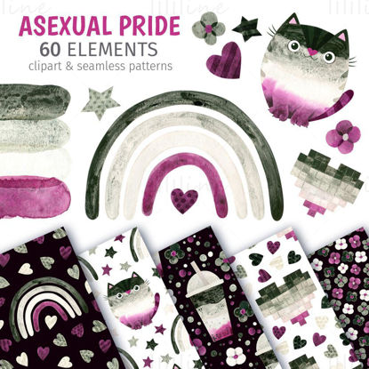 Asexual watercolor clipart and seamless pattenrs. LGBTQIA pride month clip art