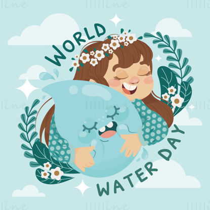 World water day element  cartoon girl and water drops vector