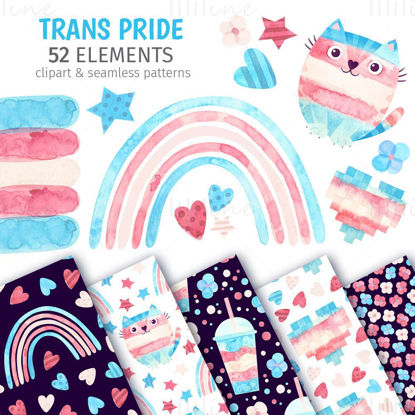 Transgender pride watercolor clipart & seamless patterns.  LGBTQIA pride month, Trans rainbow flags.