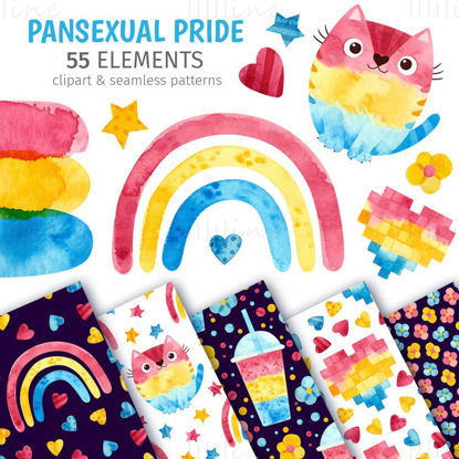 Panseksüel gurur suluboya küçük resim ve dikişsiz desenler. LGBTQIA gurur ayı. Gökkuşağı Pan bayraklı tasarımlar.
