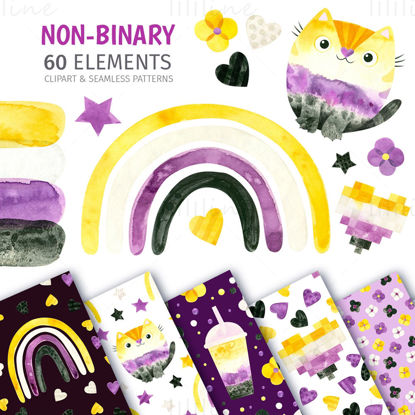 Non-binary pride clipart & seamless patterns. LGBTQ pride watercolor clip art, Genderqueer PNG bundle.