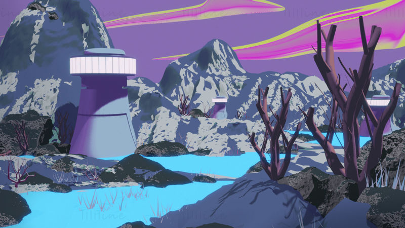 Ghibli style terrain 3D scene