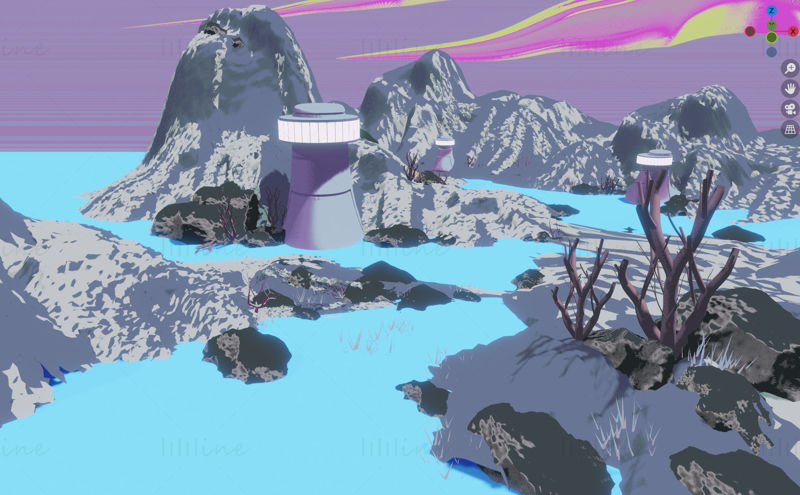 Ghibli tarzı arazi 3D sahnesi