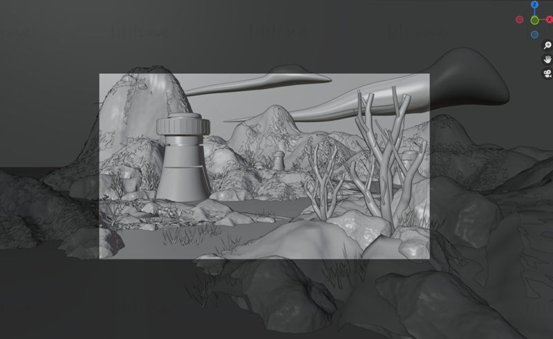 Ghibli tarzı arazi 3D sahnesi