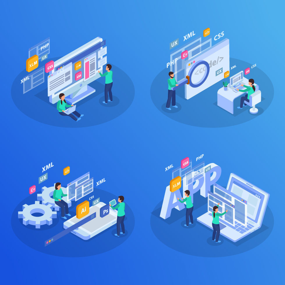 Isometric illustration of design and development process