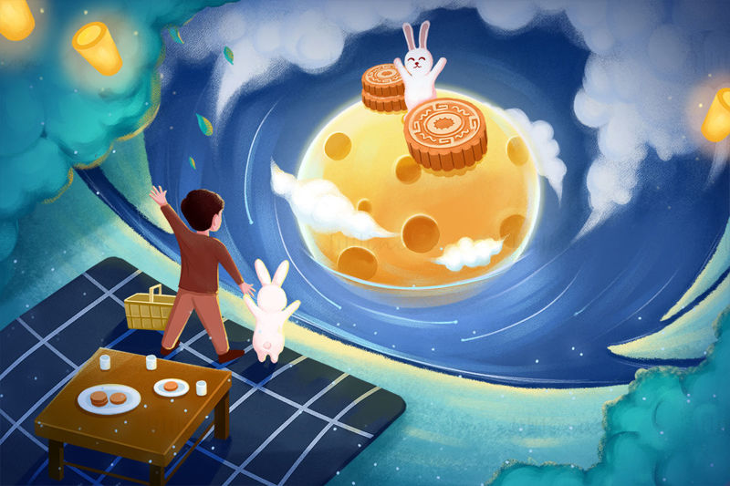 Say hi to the rabbit on the moon illustration