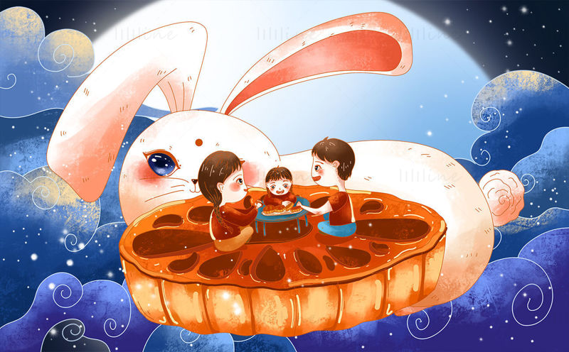 Family eating moon cakes with rabbit illustration