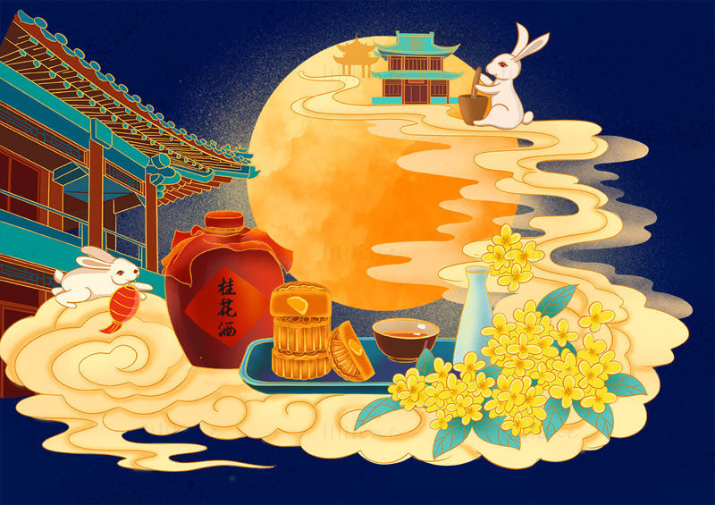 Guanghan Palace Rabbit Pounding Medicine Osmanthus Wine Mooncake illustration