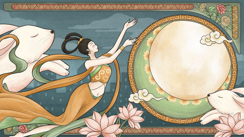 the Mid-Autumn illustration, Fairy Chang'e and rabbit watching the moon