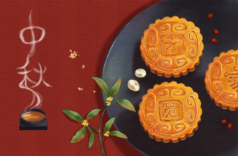 Plate, tea, mid-autumn smoke text, moon cakes, osmanthus, the Mid-Autumn festival illustration