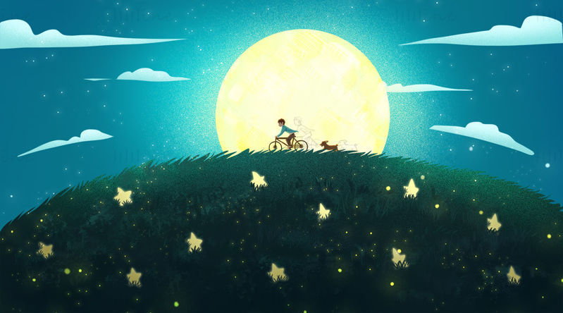 Andar en bicicleta con un perro bajo las estrellas y la luna en la hierba por la noche