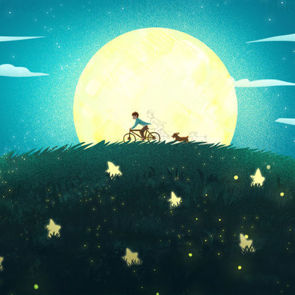 Riding a bicycle with a dog under the stars and moon on the grass at night