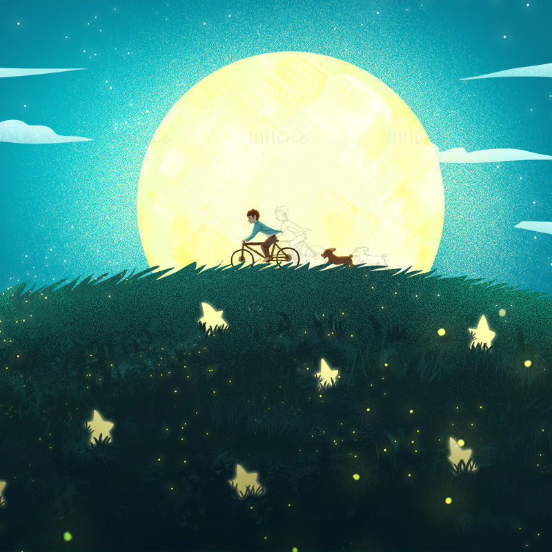 Andar en bicicleta con un perro bajo las estrellas y la luna en la hierba por la noche