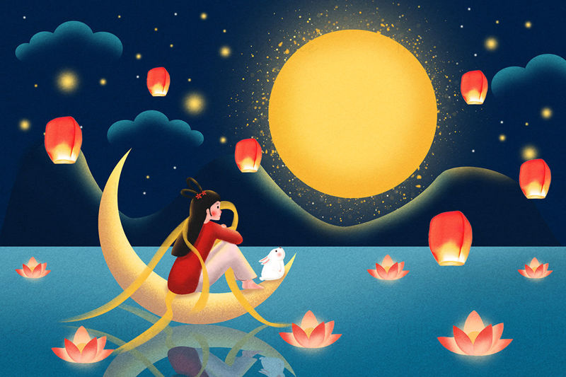 Feliz festival del Medio Otoño admirar la ilustración de la luna