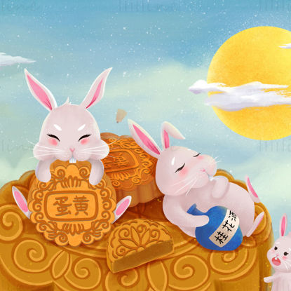 the Mid-Autumn festival posters, rabbit eating moon cake and drinking osmanthus wine