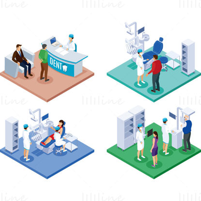 Isometric cartoon hospital scene vector illustration