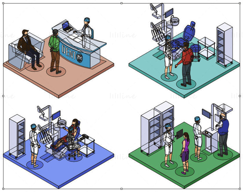 Isometric cartoon hospital scene vector illustration