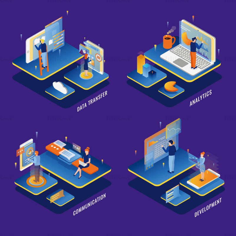 Data transfer, analytics, communication, development vector scene illustration