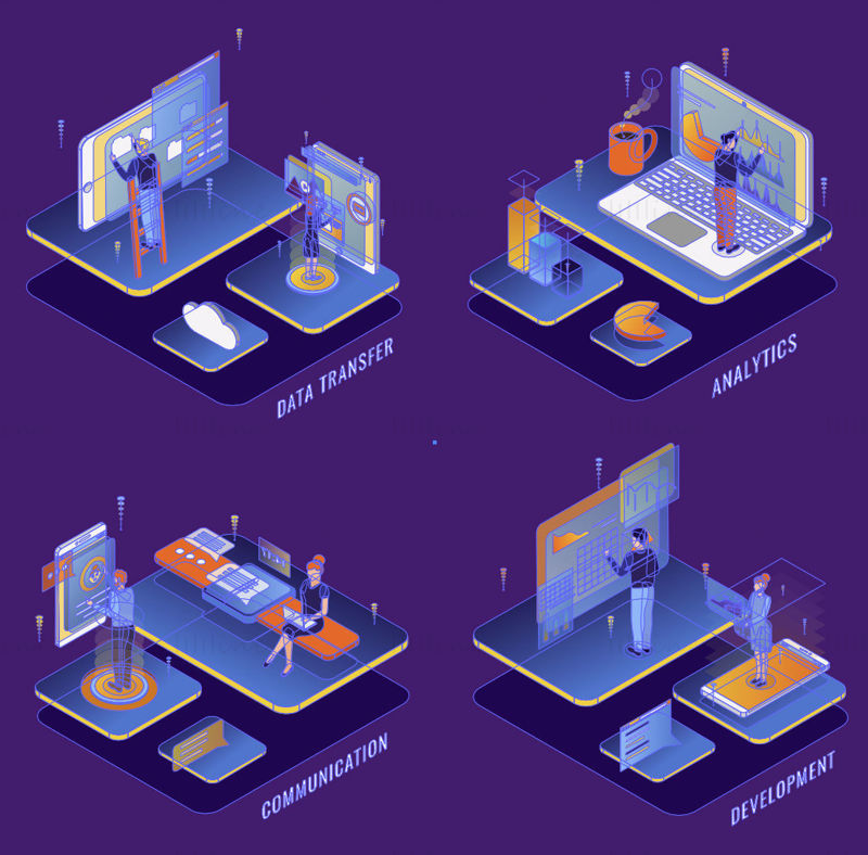 Data transfer, analytics, communication, development vector scene illustration