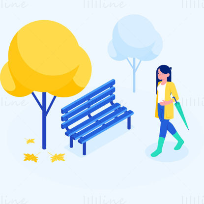 Dekle hodi po parku z dežnikom, drevesi, stoli, vektorsko ilustracijo