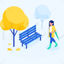 Girl walks in the park with an umbrella, trees, chairs, vector illustration