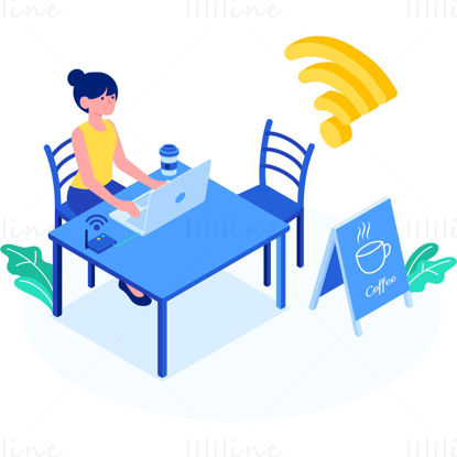 Girl drinking coffee and using laptop in coffee shop isometric vector