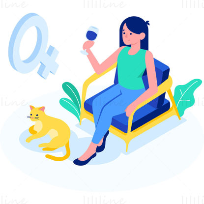 Señora sentada y bebiendo y gato acostado al lado de la ilustración vectorial