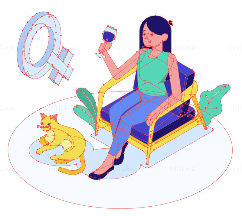 Gospa sedi in pije in mačka leži ob vektorski ilustraciji
