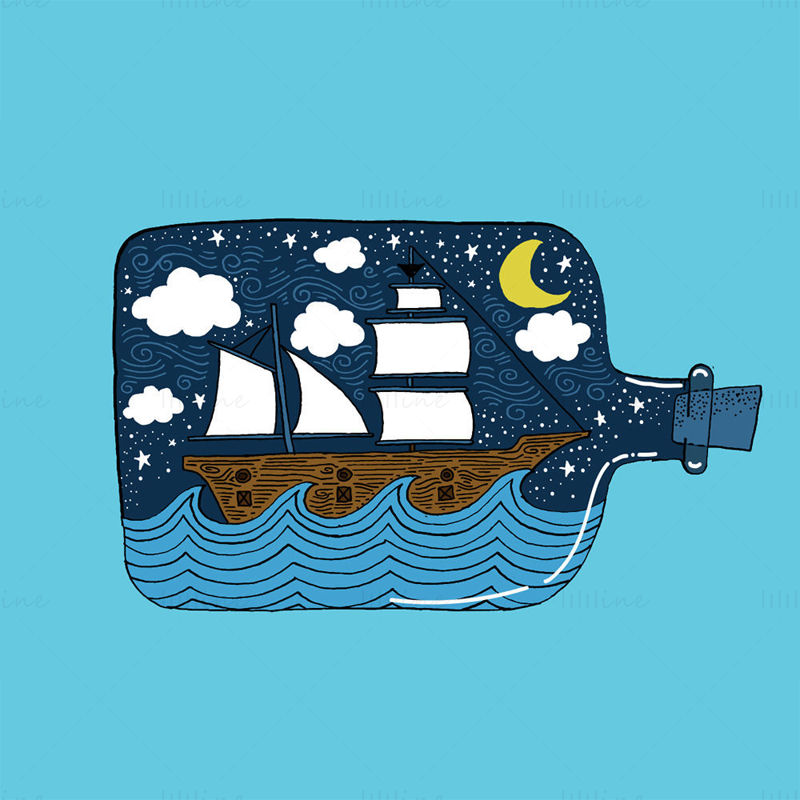 Drifting bottle with a sailboat in it, cartoon vector