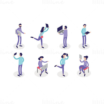 Male and female using laptop, pad, mobile phone vector
