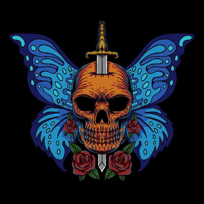 Vektorska ilustracija lobanje z mečem, metuljem in vrtnico