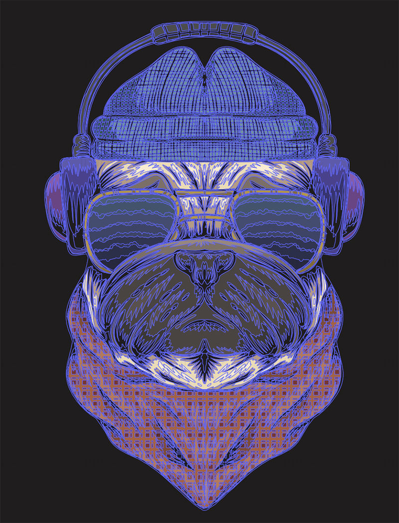 Dog with headphones and sunglasses, vector