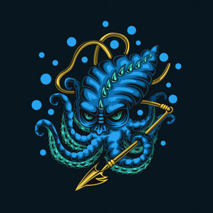 Octopus monster with harpoon, vector illustration