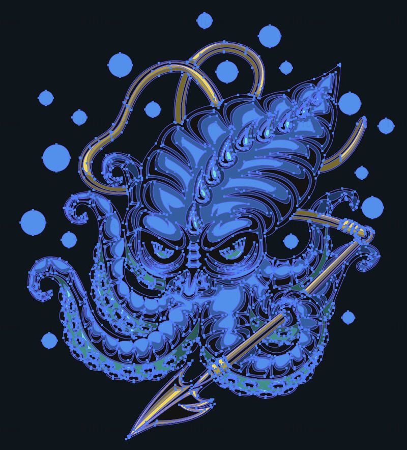 Octopus monster with harpoon, vector illustration