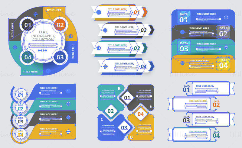 Düz Infographic koleksiyonu vektörü, mavi, sarı, gri