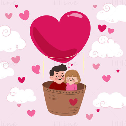 Двойка за Свети Валентин в балони със сърце, векторна илюстрация