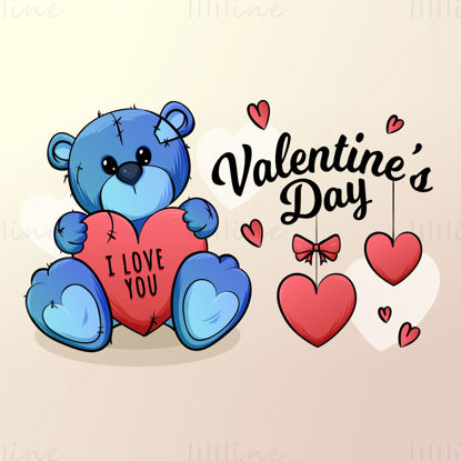 Valentin-nap vektor banner poszter kártya, vektoros rajzfilm medve tartja a megtört szívet