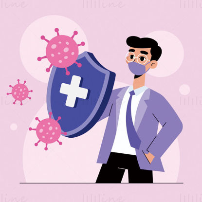 Bărbat care ține scut împotriva virusului, ilustrație vectorială